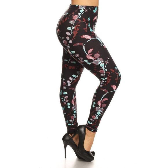 (Plus) Curvy Black Gray Teal Floral Vine Pattern Print Leggings - Picture 1 of 4